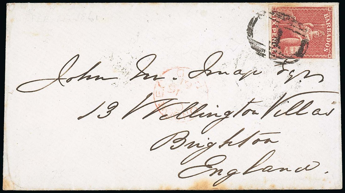 Barbados Britannia Issue Covers United Kingdom 1861 (25 Feb.) envelope to Brighton, bearing 1858 6d