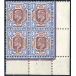 Great Britain King Edward VII Issues 1911-13 Somerset House 9d. dull reddish purple and blue, block
