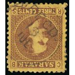 Sarawak 1871 Sir Charles Brooke 3c. A single cancelled by almost complete "recd/18/jul" circular d.