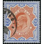 India 1902-11 25r. brownish orange and blue cancelled with small part indistinct datestamp at left