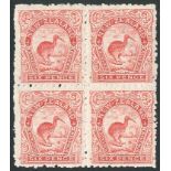 New Zealand 1902-07 Local Print, Single Lined Watermark, Perf. 11 6d. rose Kiwi, block of four, the