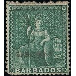 Barbados 1861 no watermark, clean-cut perf. 14 to 16, (½d.) deep green handstamp "specimen" (12x1½