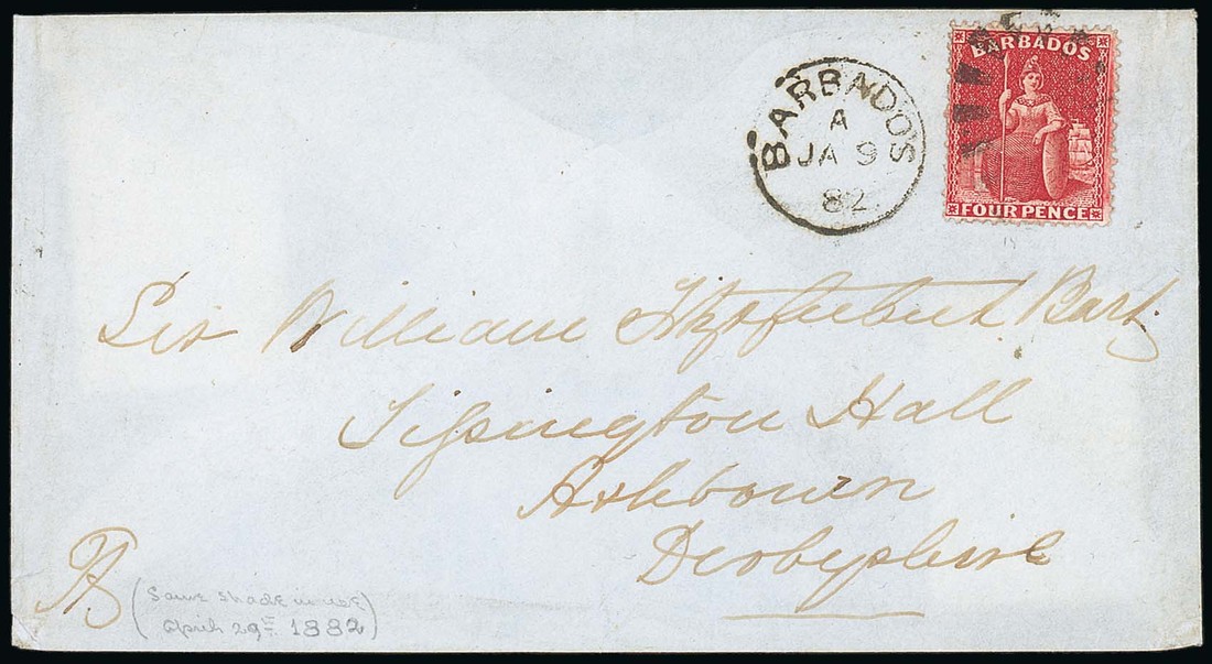 Barbados Britannia Issue Covers United Kingdom 1882 (9 Jan.) envelope to Sir William Fitzherbert in