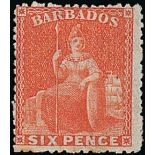 Barbados 1870 Watermark Large Star, Rough Perf. 14 to 16 6d. orange-vermilion,