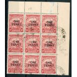 Barbados 1950 One Penny Surcharge Perf. 13½x13 upper right corner block of nine, R.2/8 with variety