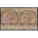 Barbados 1892 ½d. on 4d. Deep Brown Variety surcharge double (red and black),