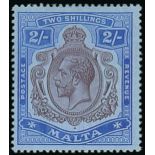 Malta 1914-21 MCA 2/- purple and bright blue on blue with nick in top right scroll (R.3/12), fine