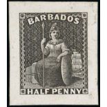 Barbados 1874-75 Watermark Large Star, Perforated 14 Die Proofs ½d. in black on India paper on card