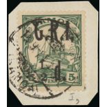 Samoa 1914 (Sept.) ½d. on 5pf. green with comma after "I", on small piece with Apia c.d.s., fine.