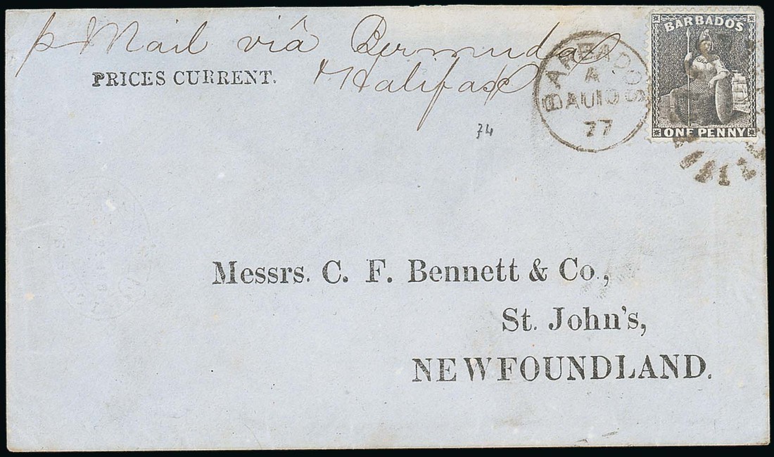 Barbados Britannia Issue Covers Newfoundland 1877 (10 Aug.) printed "Prices Current" envelope (no f