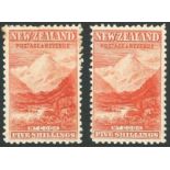 New Zealand 1899-1903 Local Print, Perforation 11, No Watermark 5/- Mount Cook, vermilion and carmi