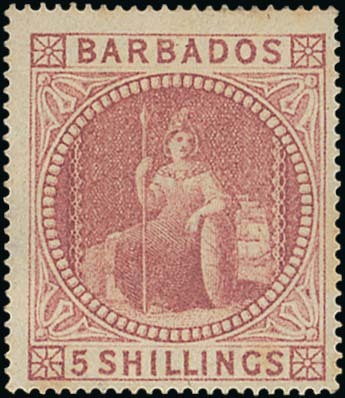 Barbados 1873 Watermark Small Star 5/- Dull Rose Issued Stamps Unused with part original gum;