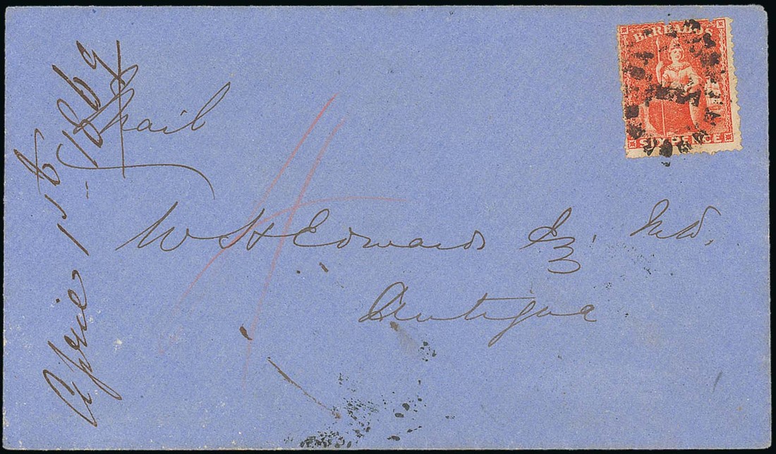 Barbados Britannia Issue Covers Antigua 1869 (10 May) blue envelope from Bridgetown to W.H. Edwards