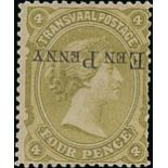 Transvaal 1882 1d. on 4d. sage-green showing surcharge inverted, fine unused,