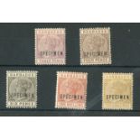 Barbados 1882-86 Keyplate Issue Specimen Stamps 3d. reddish purple, 4d. brown, 6d., 1/- and 5/-,