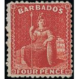 Barbados 187? Crown CC, Perf. 14x12½ Line 4d. red with watermark reversed, unused with traces of gu