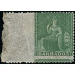 Barbados 1861-70 Issue Issued Stamps (½d.) grass-green with sheet margin at left, variety imperfora