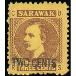 Sarawak 1874 so-called "Bogus" Provisional "two cents" on 3c., an unused example which is thought t