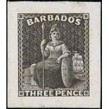 Barbados 1873 Watermark Small Star 3d. Brown-Purple Die Proof In black on India on card (25x28mm.)