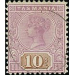Tasmania 1906-09 wmk. Crown over A, perf 12½ 10/- mauve and brown, variety watermark inverted, fin