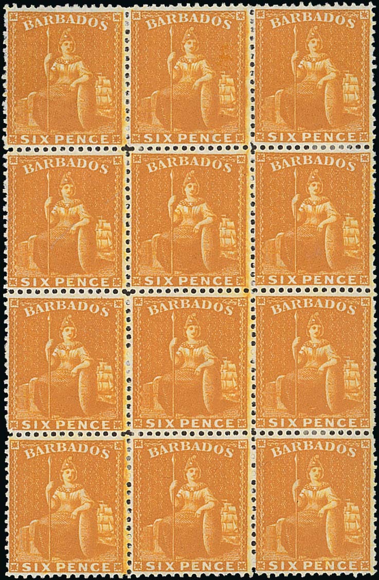 Barbados 1876-81 Crown CC, Perf. 14 Issued Stamps 6d. chrome-yellow block of twelve (3x4), watermar