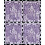 Barbados 1876-81 Crown CC, Perf. 14 Issued Stamps 3d. mauve-lilac block of four,