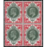 Great Britain King Edward VII Issues 1911-13 Somerset House 1/- green and carmine, block of four,