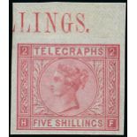Telegraph Stamps Post Office Telegraph Stamps 1876 5/- rose, plate 2, HF, imperforate imprimatur, u