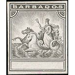 Barbados 1892-1910 Seal of the Colony Issue Die Proofs Master, stamp-size in black on glazed card.