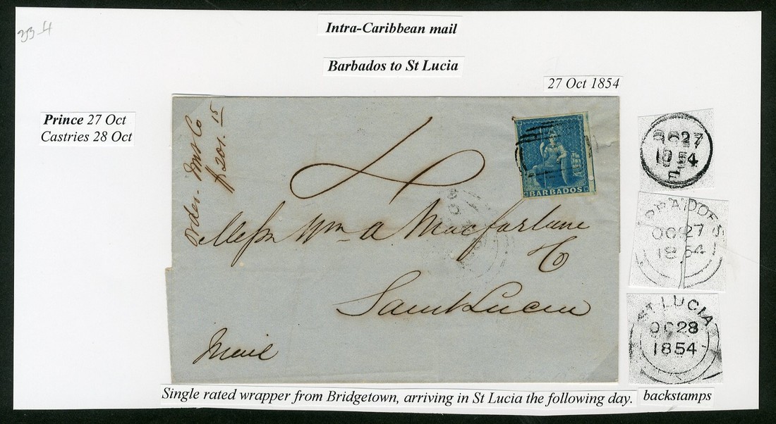 Barbados Britannia Issue Covers St. Lucia 1854 (27 Oct.) entire rated "4", bearing 1852-55 (1d.) bl