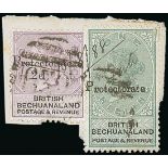 Rhodesia 1888 (15 Aug.) piece bearing Bechuanaland Protectorate 2d. lilac and black and 1/- green