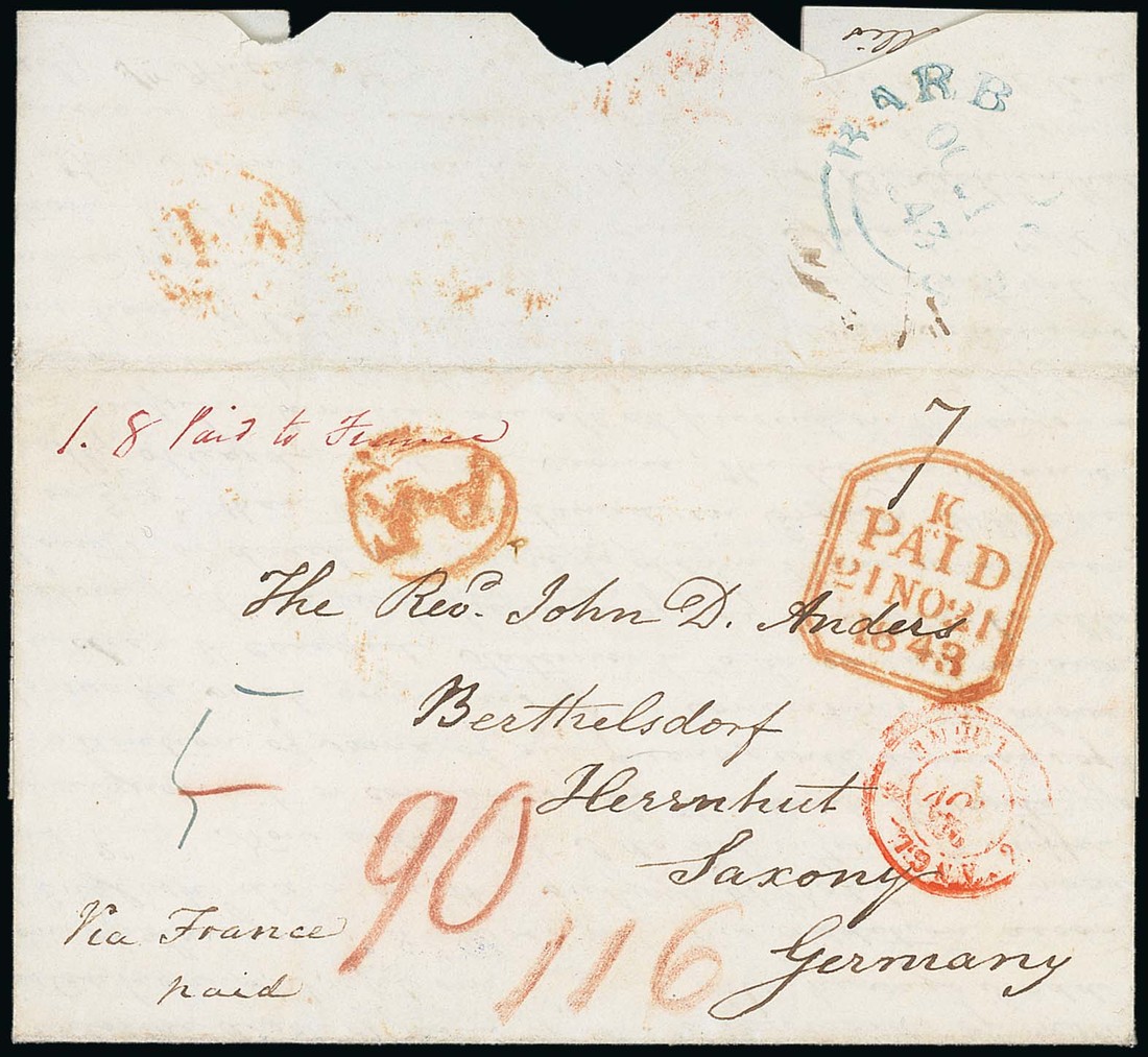 Barbados Early Letters and Handstamps 1843 (1 Oct.) entire letter to Saxony,