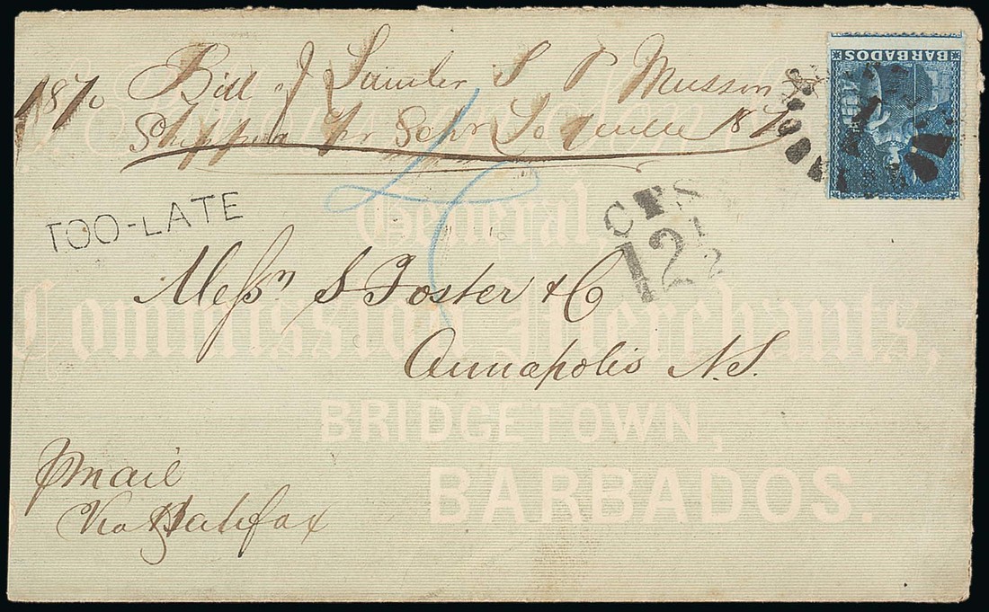 Barbados Britannia Issue Covers Nova Scotia 1870 (26 Apr.) S.P.Musson advertising envelope from Bri