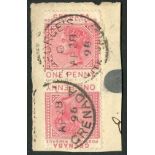 Grenada 1883 1d. carmine tête-bêche pair, cancelled on small piece;