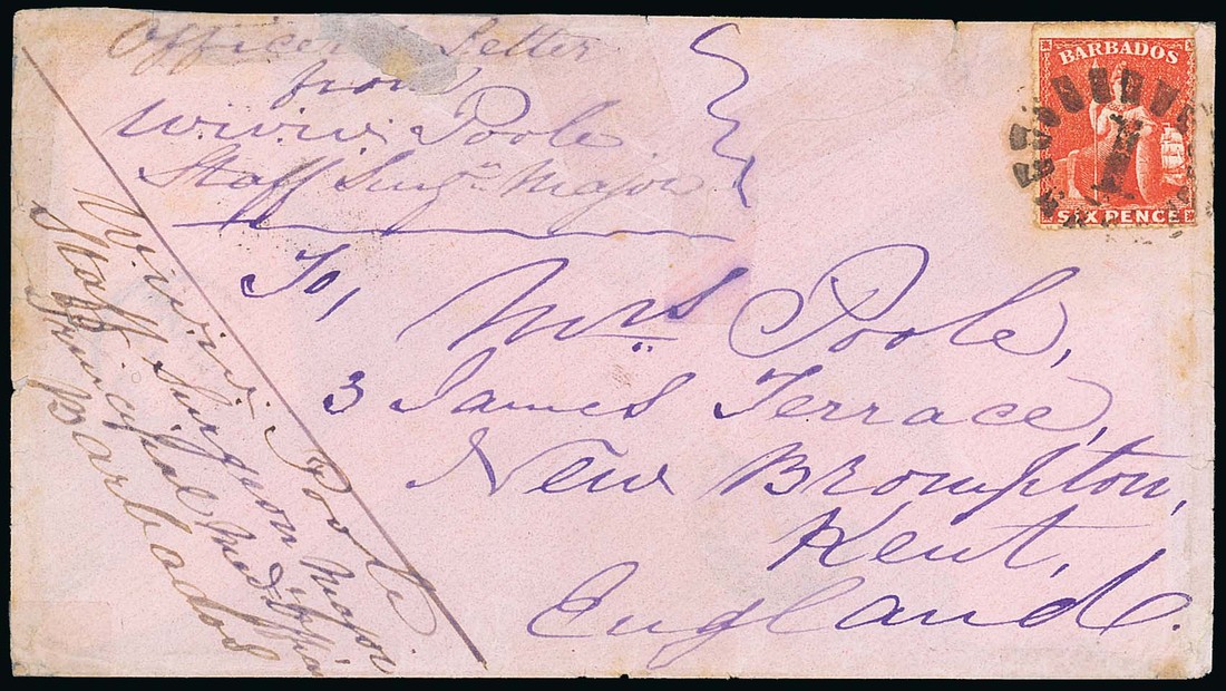 Barbados Britannia Issue Covers United Kingdom 1869 (25 Aug.) Poole correspondence Officer's envelo