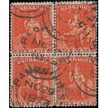 Barbados 1873 Watermark Large Star, Clean-Cut Perf. 14½ to 15½ 6d. orange-vermilion block of four c