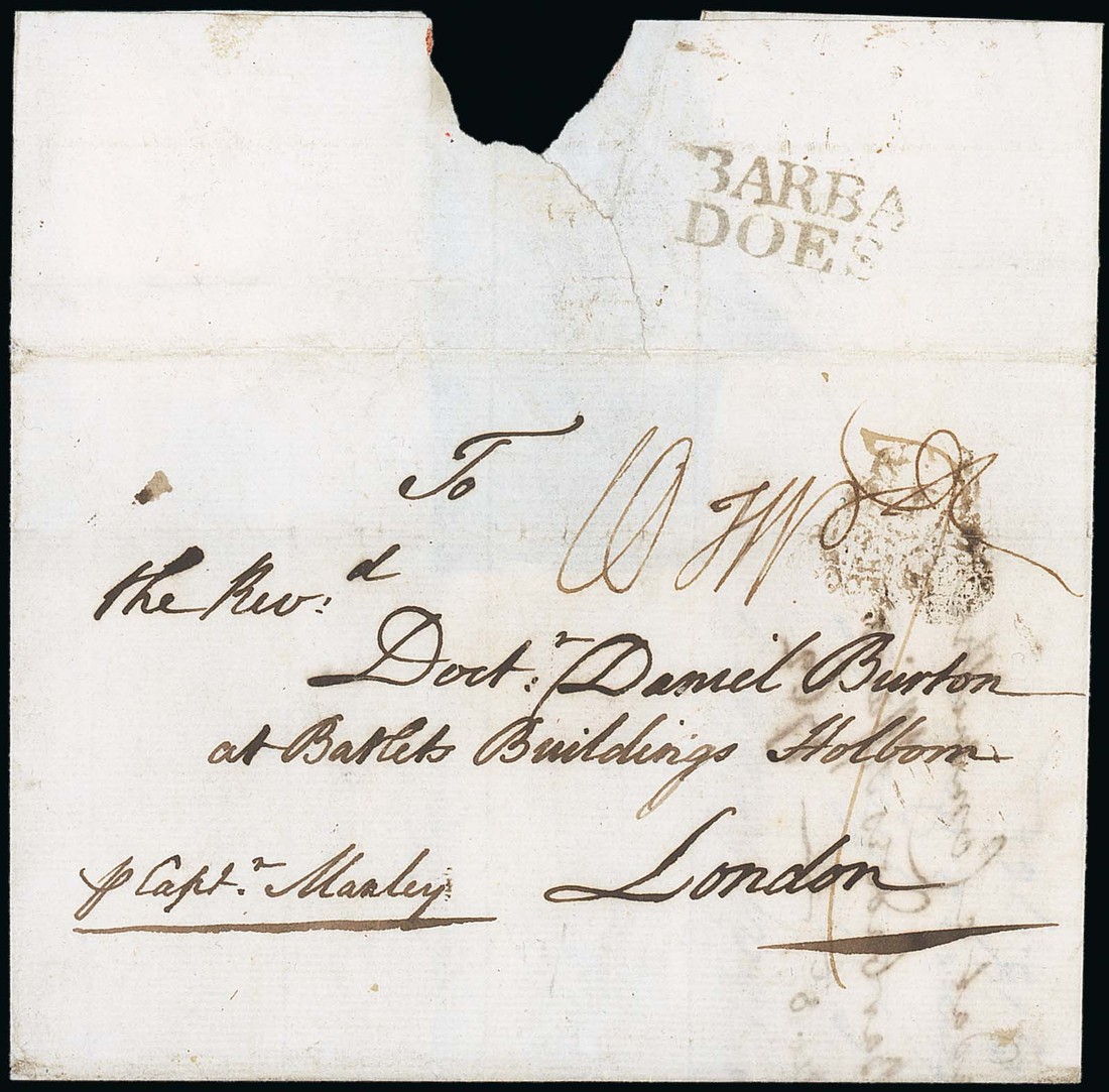 Barbados Early Letters and Handstamps 1762 (13 July) entire "per Capt. Manley" to Rev. Dr. Burton a