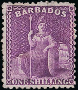 Barbados 1875 Crown CC, Perf. 12½ Issued Stamp 1/- violet (aniline), variety watermark sideways rev
