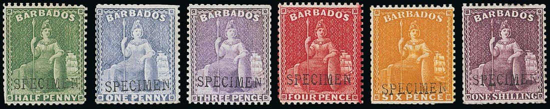 Barbados 1876-81 Crown CC, Perf. 14 Cancelled and Specimen Stamps ½d., 1d., 3d., 4d., 6d. and 1/-,