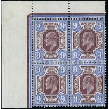 Great Britain King Edward VII Issues 1911-13 Somerset House 9d. deep plum and blue, block of four