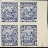 Barbados 1925-35 Badge of the Colony Issue Imperforate Plate Proofs 3d. deep blue marginal block of