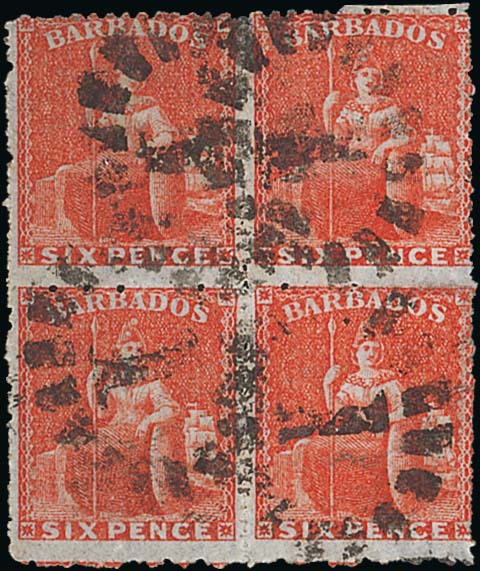 Barbados 1861-70 Issue Issued Stamps 6d. dull orange-vermilion block of four,