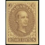 Sarawak 1869 Sir James Brooke 3c. Proofs Lithographed in in brown on yellow paper, tiny thin toward