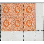 Great Britain King Edward VII Issues 1911 Harrison and Sons, Perforation 14 4d. bright orange, bloc