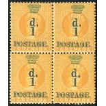 Grenada 1886 (Dec.) watermark Large Star, 1d. on 1/- orange block of four, fine mint.