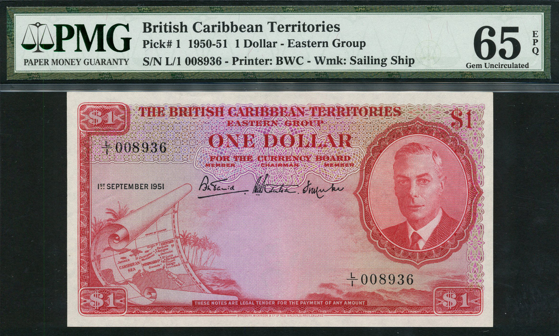 British Caribbean Currency Board, $1, 1 September 1951, serial number L/1 008936, (Pick 1, TBB B101