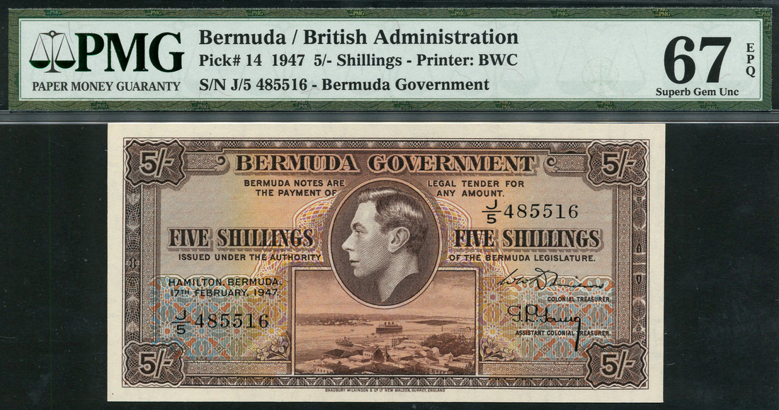 Bermuda Government, 5 shillings, 17 February 1947, serial number J/5 485516, (Pick 14, TBB B115a),