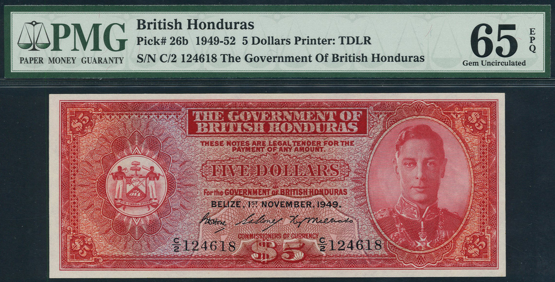Government of British Honduras, $5, 1 November 1949, serial number C/2 124618, (Pick 26b, TBB B125b