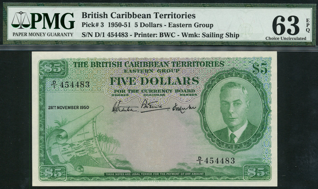 British Caribbean Currency Board, $5, 28 November 1950, serial number D/1 454483, (Pick 3, TBB B103