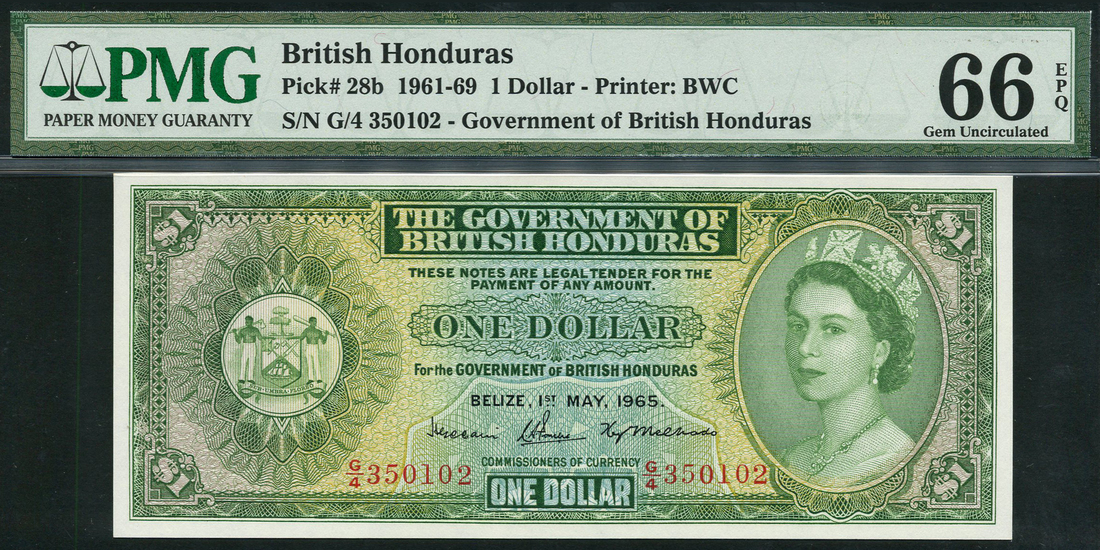 Government of British Honduras, $1, 1 May 1965, serial number G/4 350102, (Pick 28b, TBB B127a),